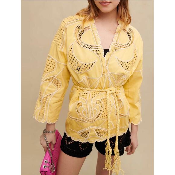 NEW NWT Maje ‘ALOHA’ Embroidered Kimono Jacket Yellow size 40 / L - Picture 3 of 9